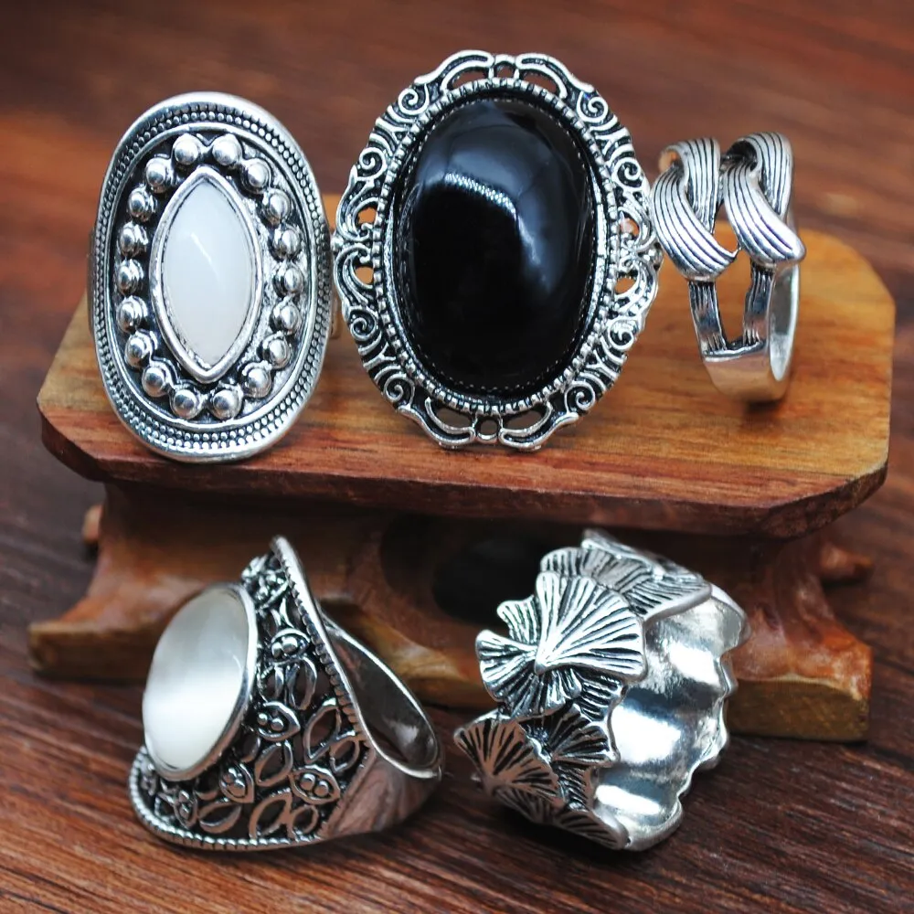 Statement Ring Set 8 Different Styles You Choose 5 To 11 Stacking Rings Opal Black Stones Agate Bohemian Turquoise Elephant Green Crystal Pink White Stone Gold Silver Boho Gypsy Jewelry