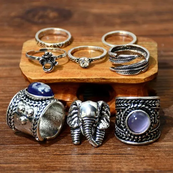 Statement Ring Set 8 Different Styles You Choose 5 To 11 Stacking Rings Opal Black Stones Agate Bohemian Turquoise Elephant Green Crystal Pink White Stone Gold Silver Boho Gypsy Jewelry