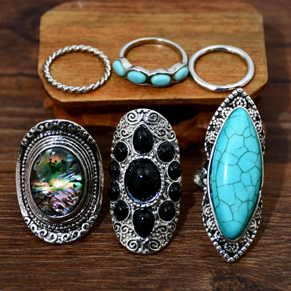 Statement Ring Set 8 Different Styles You Choose 5 To 11 Stacking Rings Opal Black Stones Agate Bohemian Turquoise Elephant Green Crystal Pink White Stone Gold Silver Boho Gypsy Jewelry
