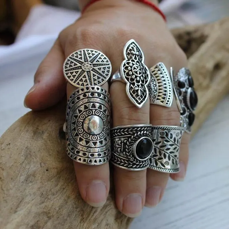 Statement Ring Set 8 Different Styles You Choose 5 To 11 Stacking Rings Opal Black Stones Agate Bohemian Turquoise Elephant Green Crystal Pink White Stone Gold Silver Boho Gypsy Jewelry