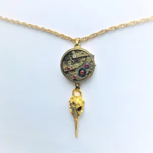 Steampunk Golden Pendant Red Rhinestone Vintage Watch Mechanics Victorian Save the Birds Necklace
