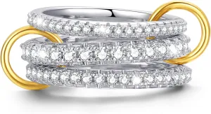 Sterling Silver Cubic Zirconia Stackable Rings for Women – Silver Gold Multi Ring Interlocked 3-Piece Set, Non-Tarnish Dainty Cubic Zirconia Bands Two-Toned Stacking Jewelry