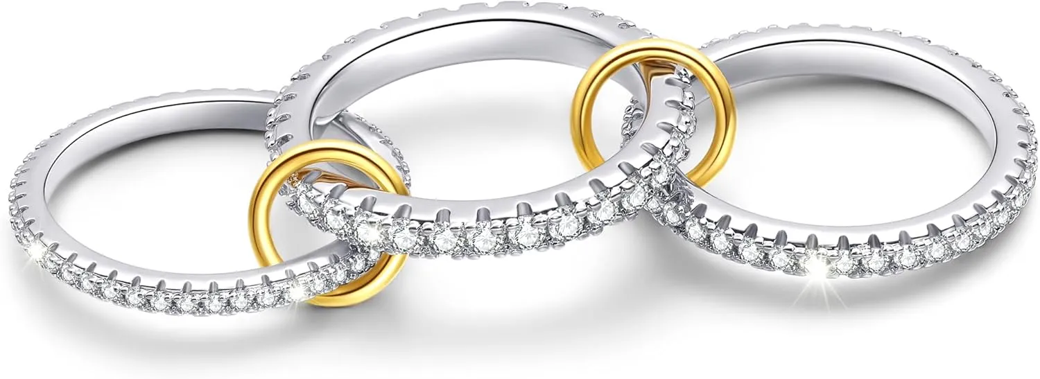 Sterling Silver Cubic Zirconia Stackable Rings for Women – Silver Gold Multi Ring Interlocked 3-Piece Set, Non-Tarnish Dainty Cubic Zirconia Bands Two-Toned Stacking Jewelry