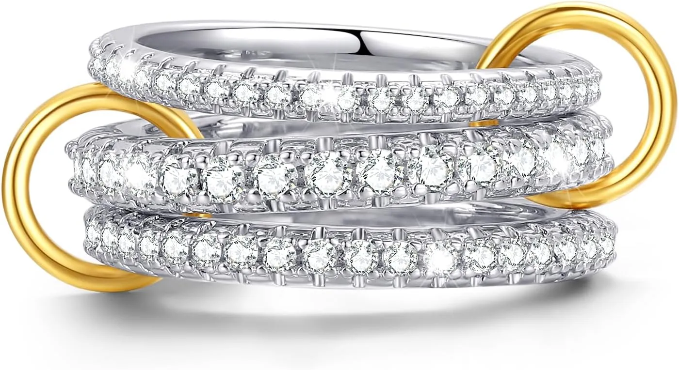 Sterling Silver Cubic Zirconia Stackable Rings for Women – Silver Gold Multi Ring Interlocked 3-Piece Set, Non-Tarnish Dainty Cubic Zirconia Bands Two-Toned Stacking Jewelry
