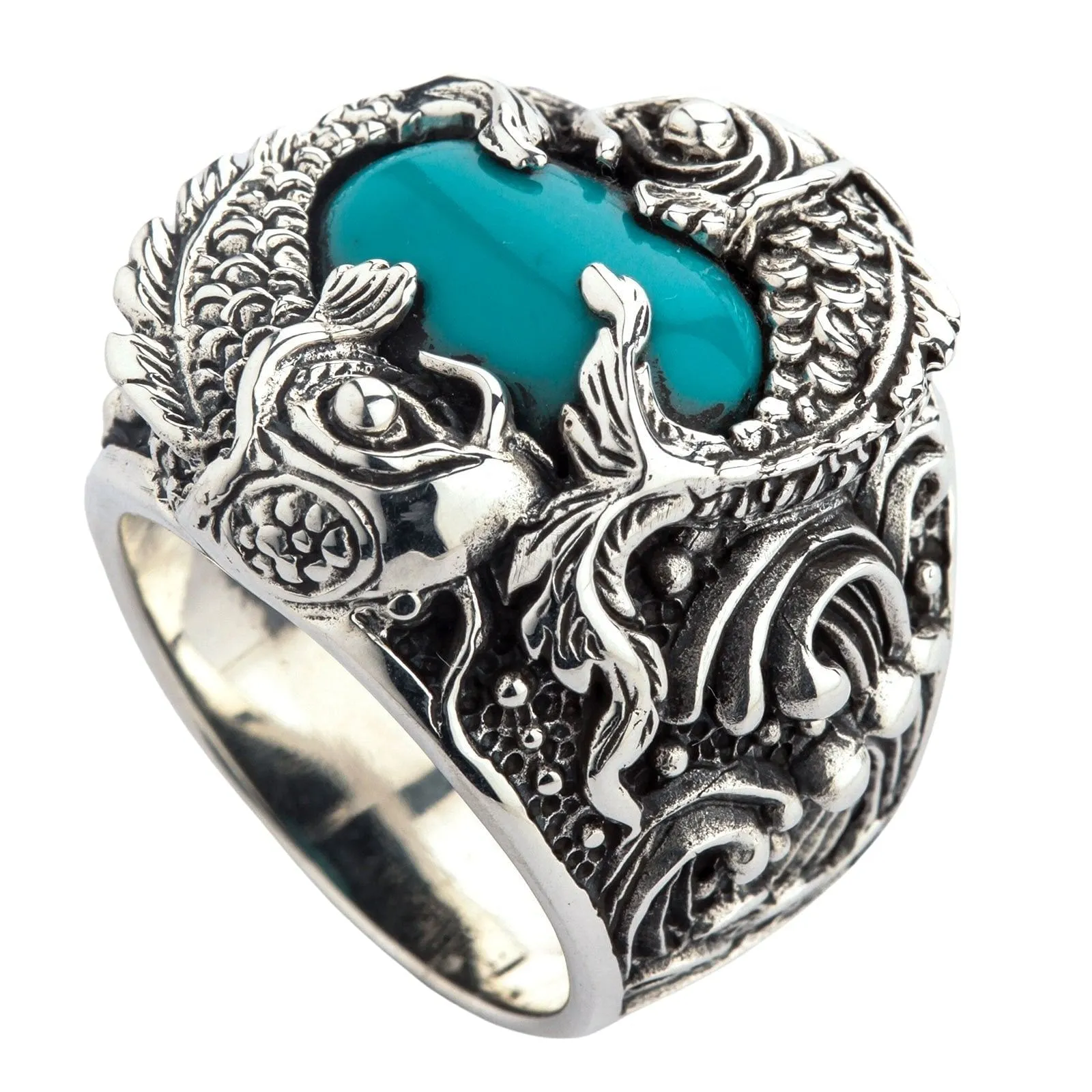 Sterling Silver Japanese Koi Fish Turquoise Mens Ring