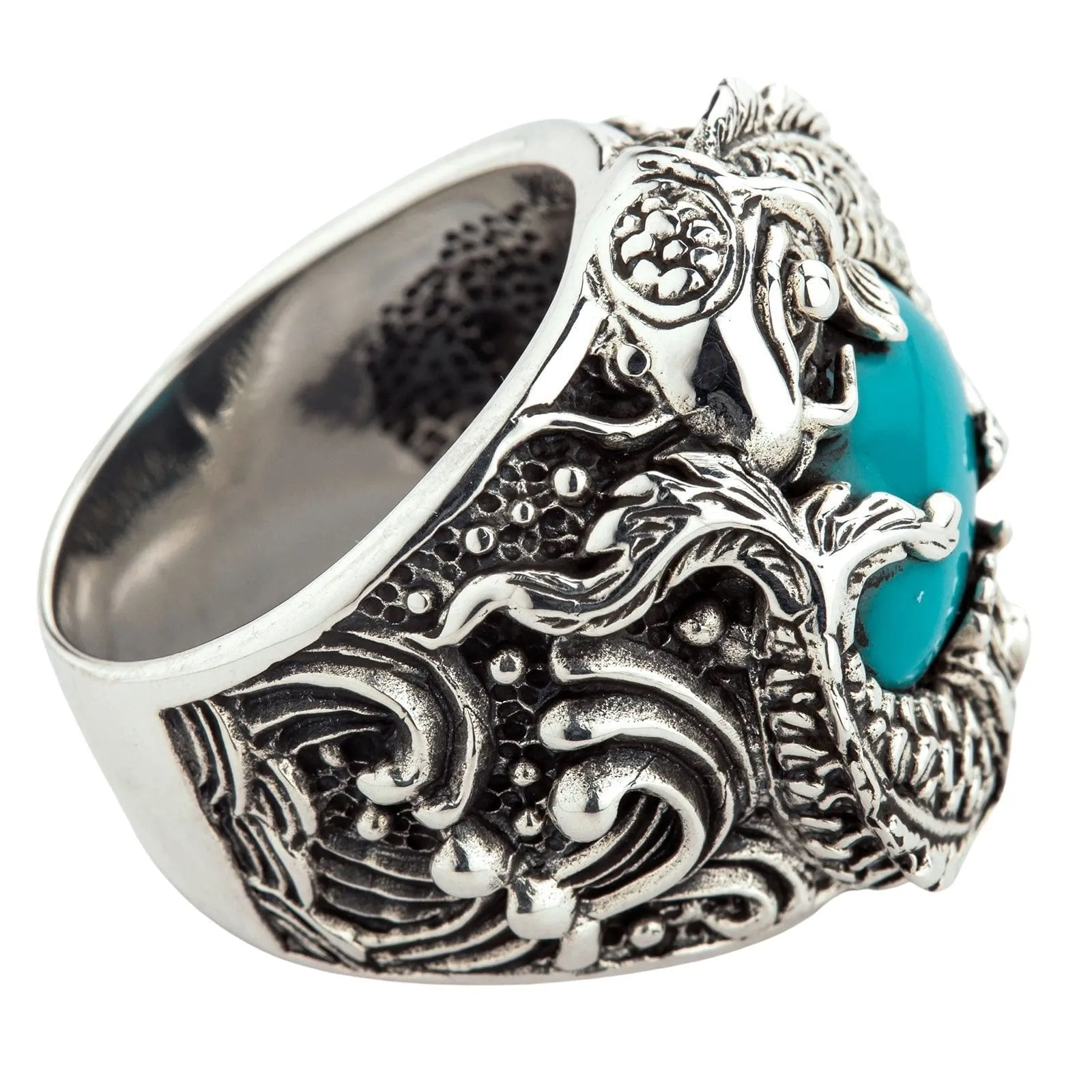 Sterling Silver Japanese Koi Fish Turquoise Mens Ring
