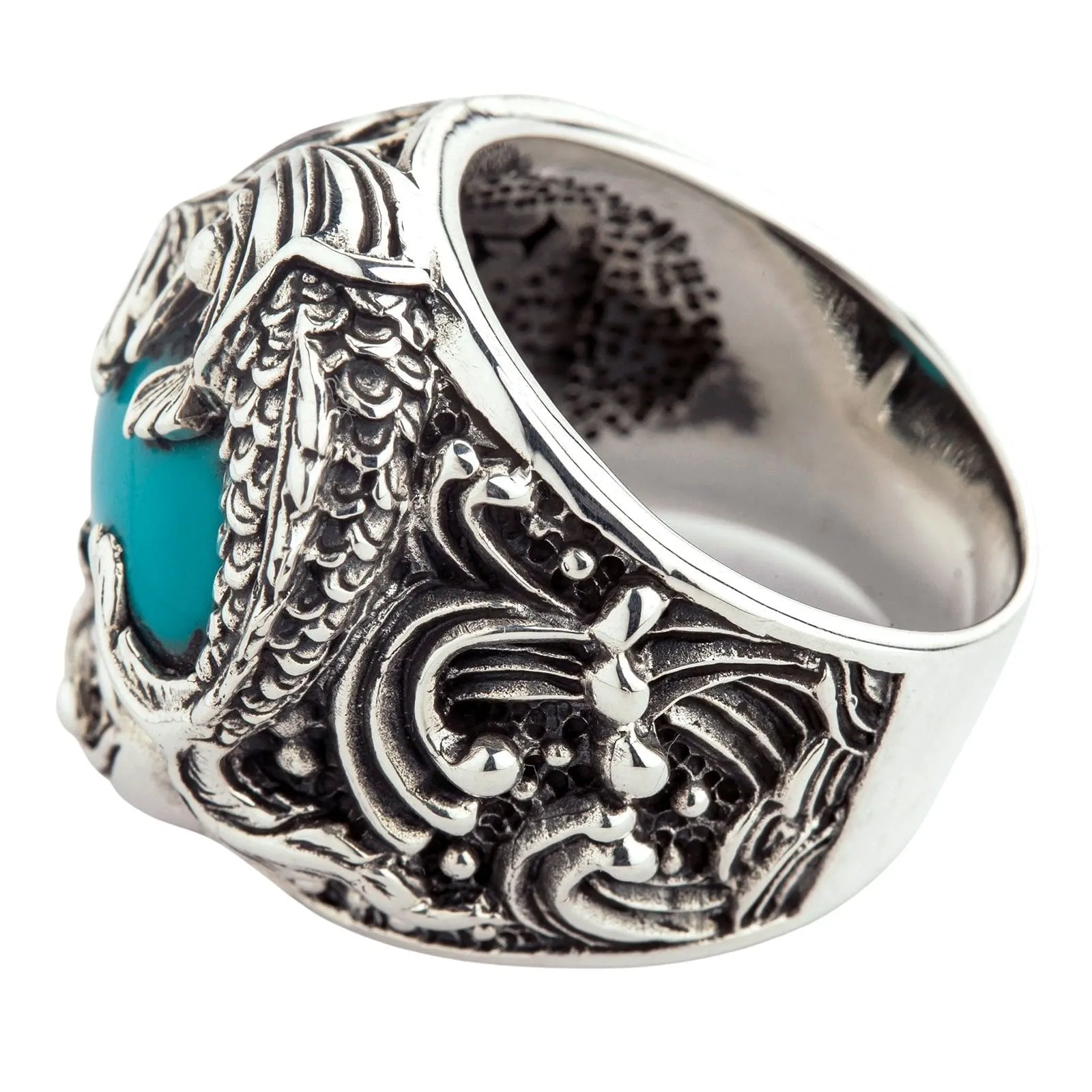 Sterling Silver Japanese Koi Fish Turquoise Mens Ring