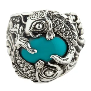 Sterling Silver Japanese Koi Fish Turquoise Mens Ring