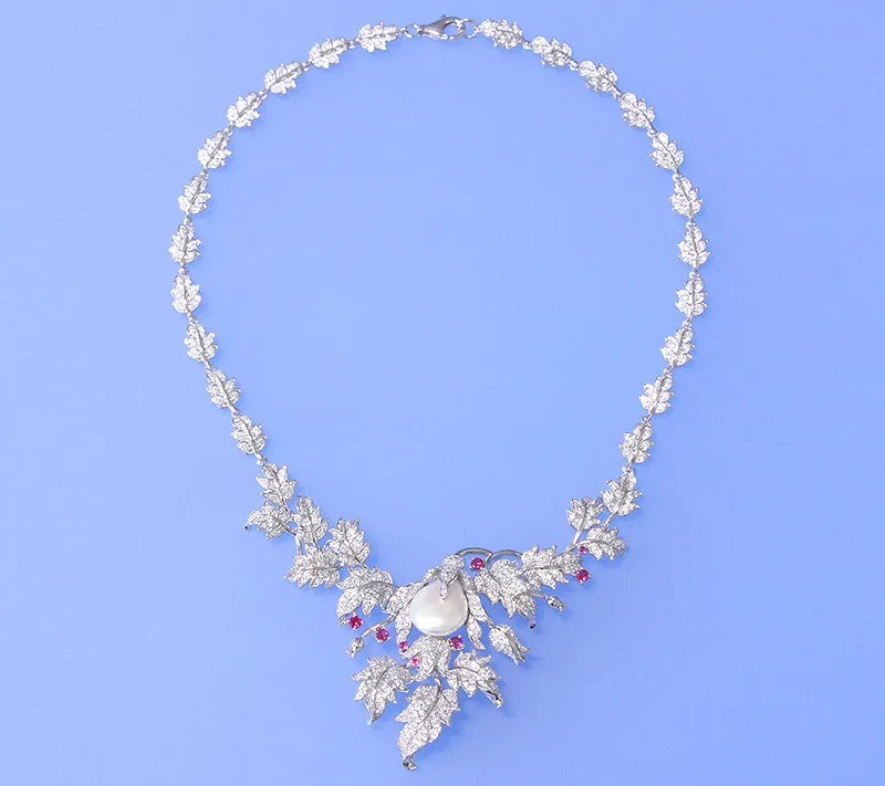 Sterling Silver Necklace with 13.5-14mm Ringed Shape Freshwater Pearl and Cubic Zirconia
