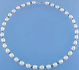 Sterling Silver Necklace with 7.5-8mm Oval Shape Freshwater Pearl and Hematite