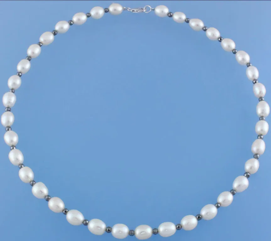 Sterling Silver Necklace with 7.5-8mm Oval Shape Freshwater Pearl and Hematite