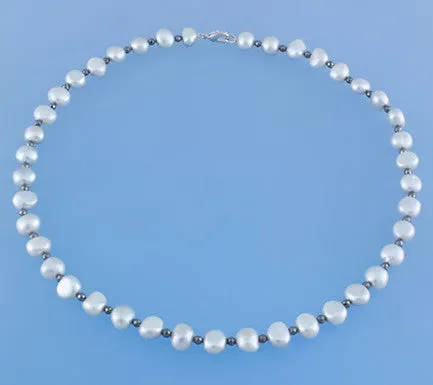 Sterling Silver Necklace with 8-9mm Piece Shape Freshwater Pearl and Hematite