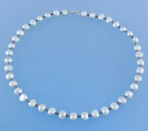Sterling Silver Necklace with 8-9mm Piece Shape Freshwater Pearl and Hematite