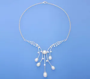 Sterling Silver Necklace with Oval and Button Shape Freshwater Pearl and Cubic Zirconia