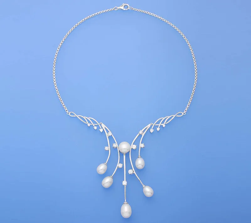 Sterling Silver Necklace with Oval and Button Shape Freshwater Pearl and Cubic Zirconia