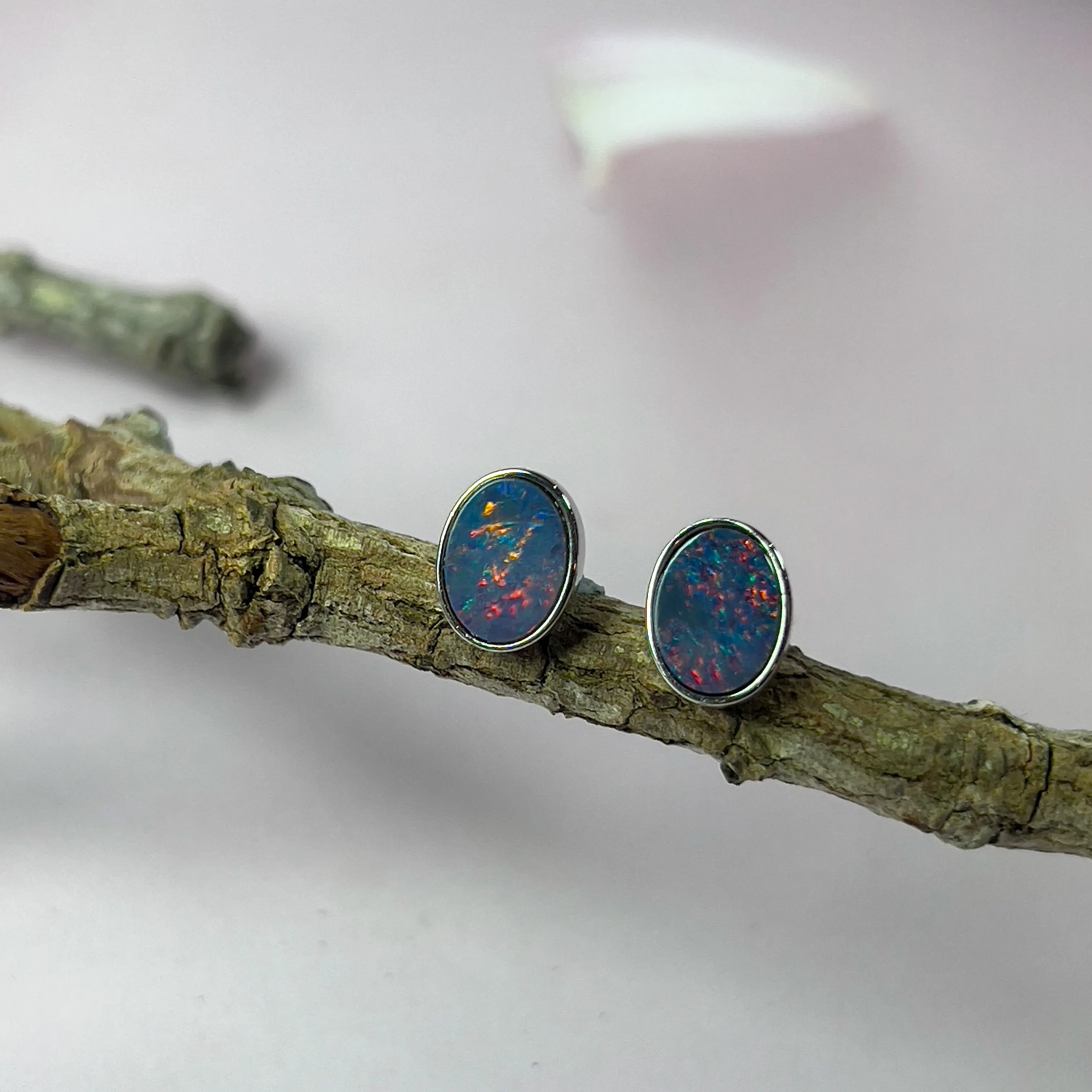 Sterling Silver Opal Doublet Stud Earrings - 8x6mm Oval, Dainty and Minimalist Opal Jewelry, Cute Gift for Her, Handmade Birthstone Studs