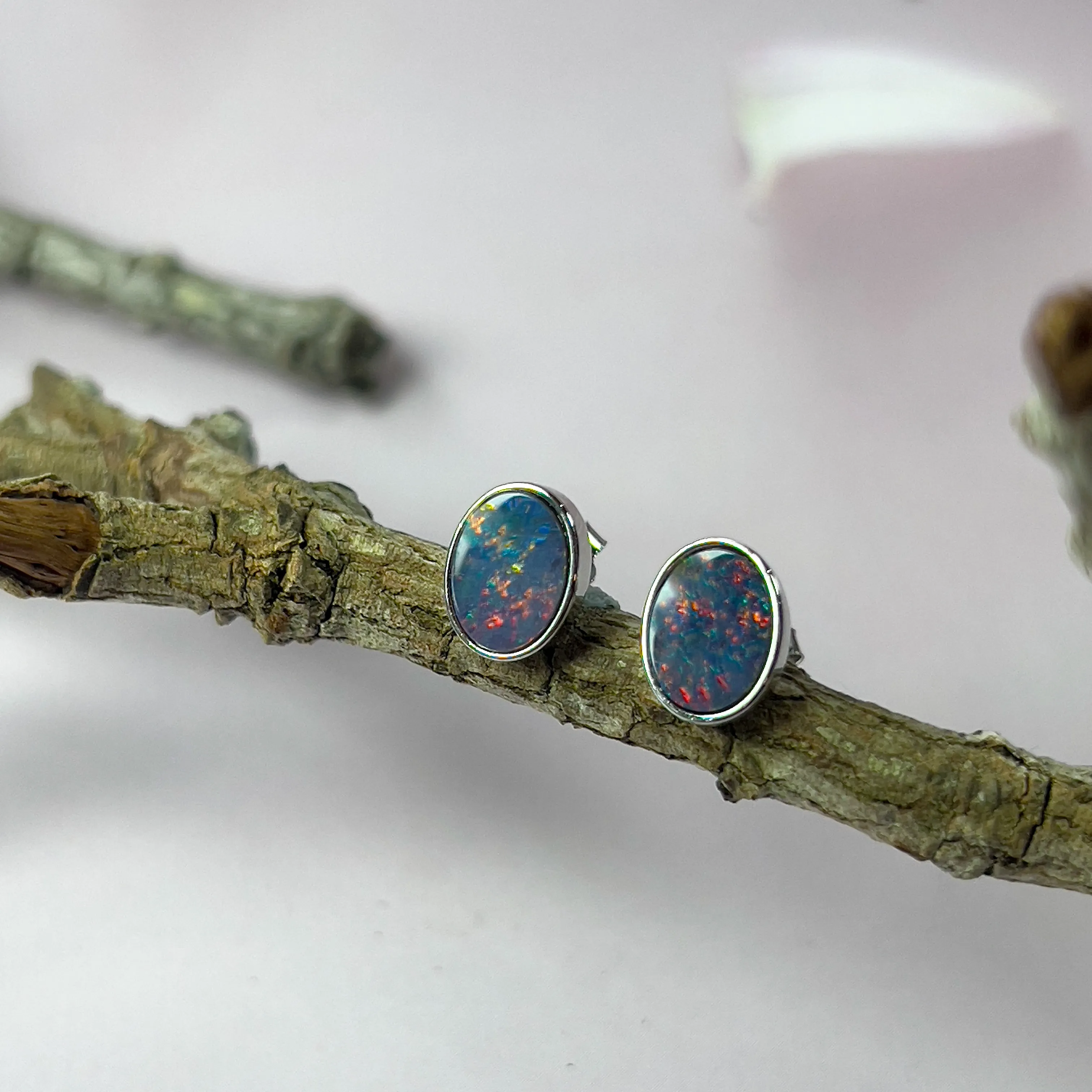 Sterling Silver Opal Doublet Stud Earrings - 8x6mm Oval, Dainty and Minimalist Opal Jewelry, Cute Gift for Her, Handmade Birthstone Studs