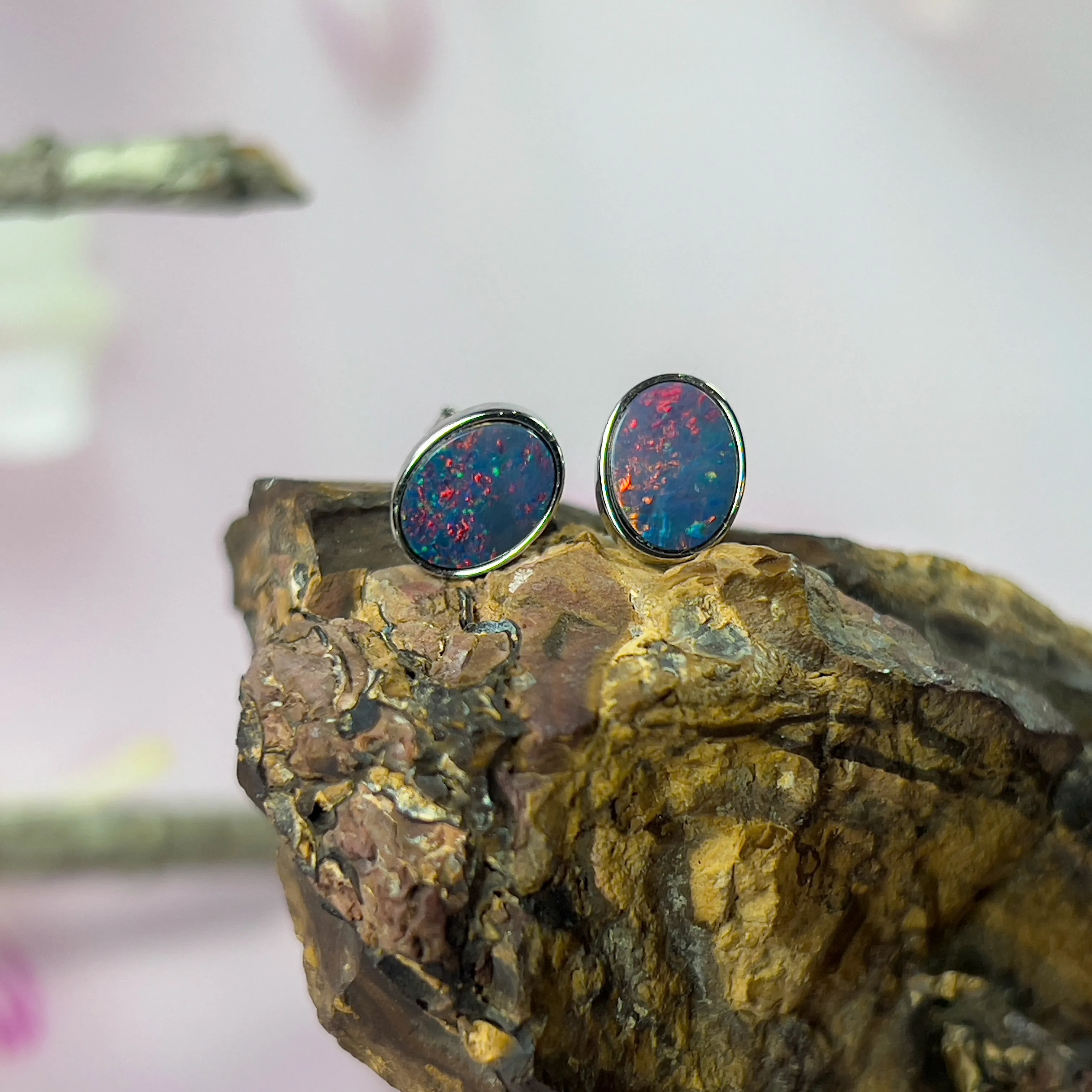 Sterling Silver Opal Doublet Stud Earrings - 8x6mm Oval, Dainty and Minimalist Opal Jewelry, Cute Gift for Her, Handmade Birthstone Studs