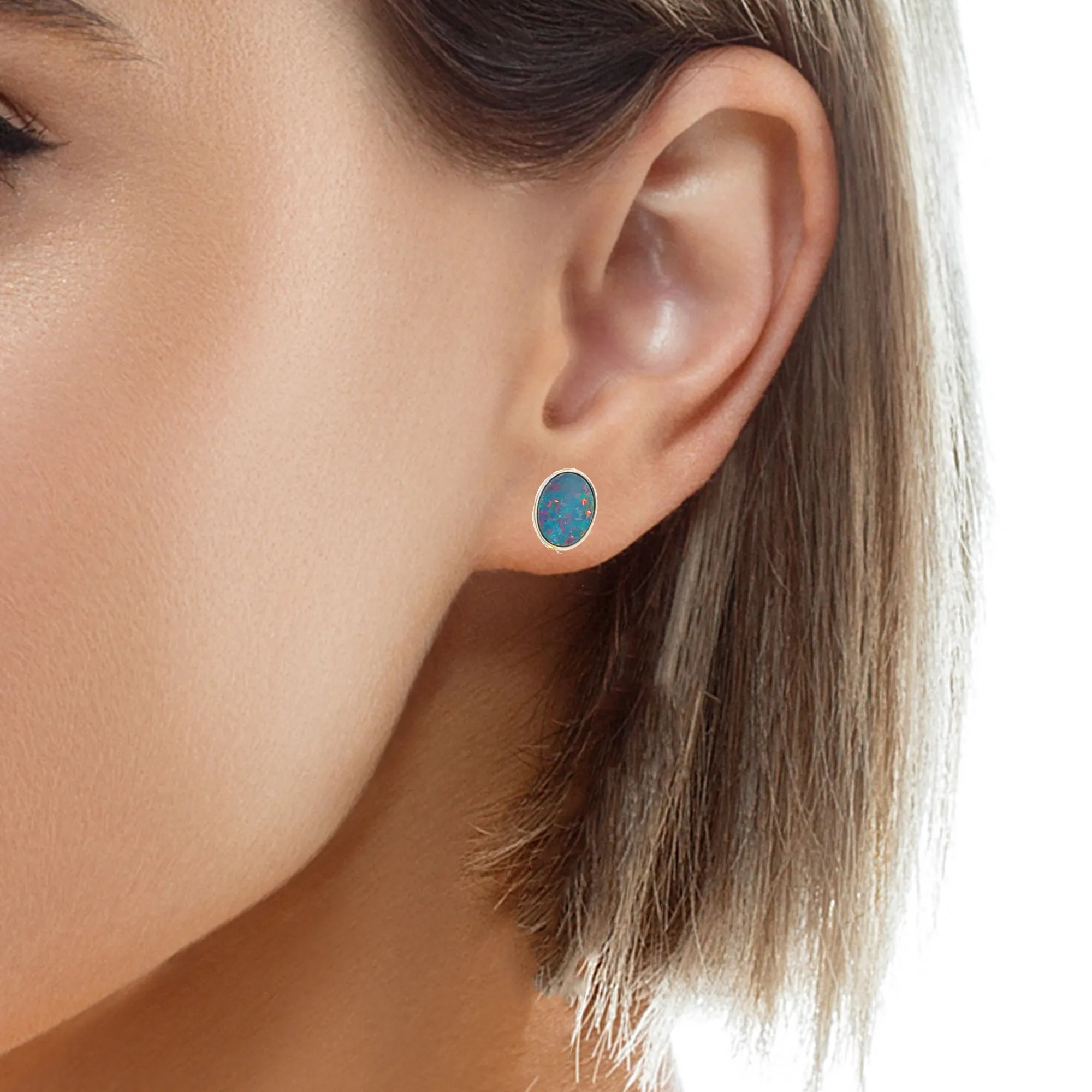 Sterling Silver Opal Doublet Stud Earrings - 8x6mm Oval, Dainty and Minimalist Opal Jewelry, Cute Gift for Her, Handmade Birthstone Studs