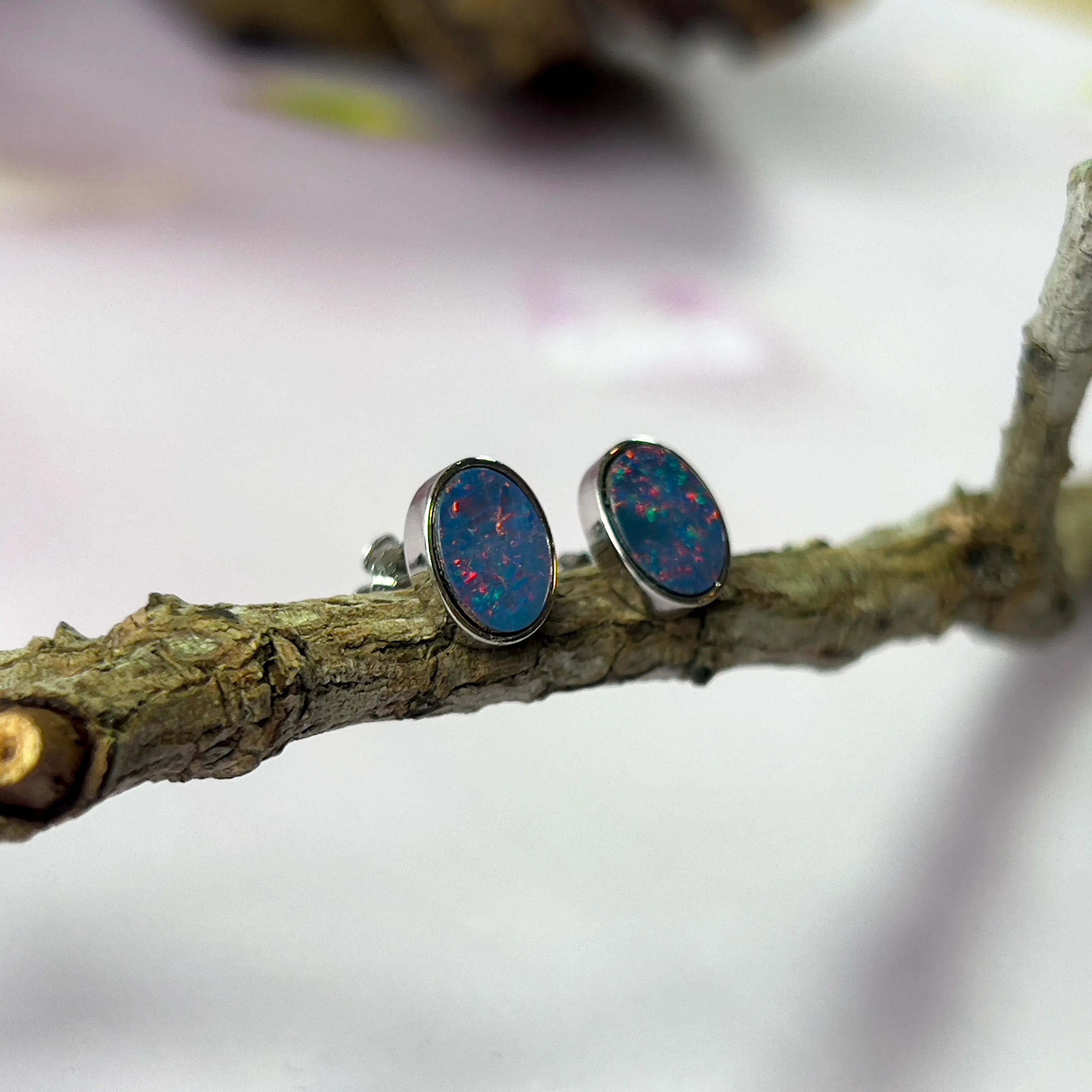 Sterling Silver Opal Doublet Stud Earrings - 8x6mm Oval, Dainty and Minimalist Opal Jewelry, Cute Gift for Her, Handmade Birthstone Studs