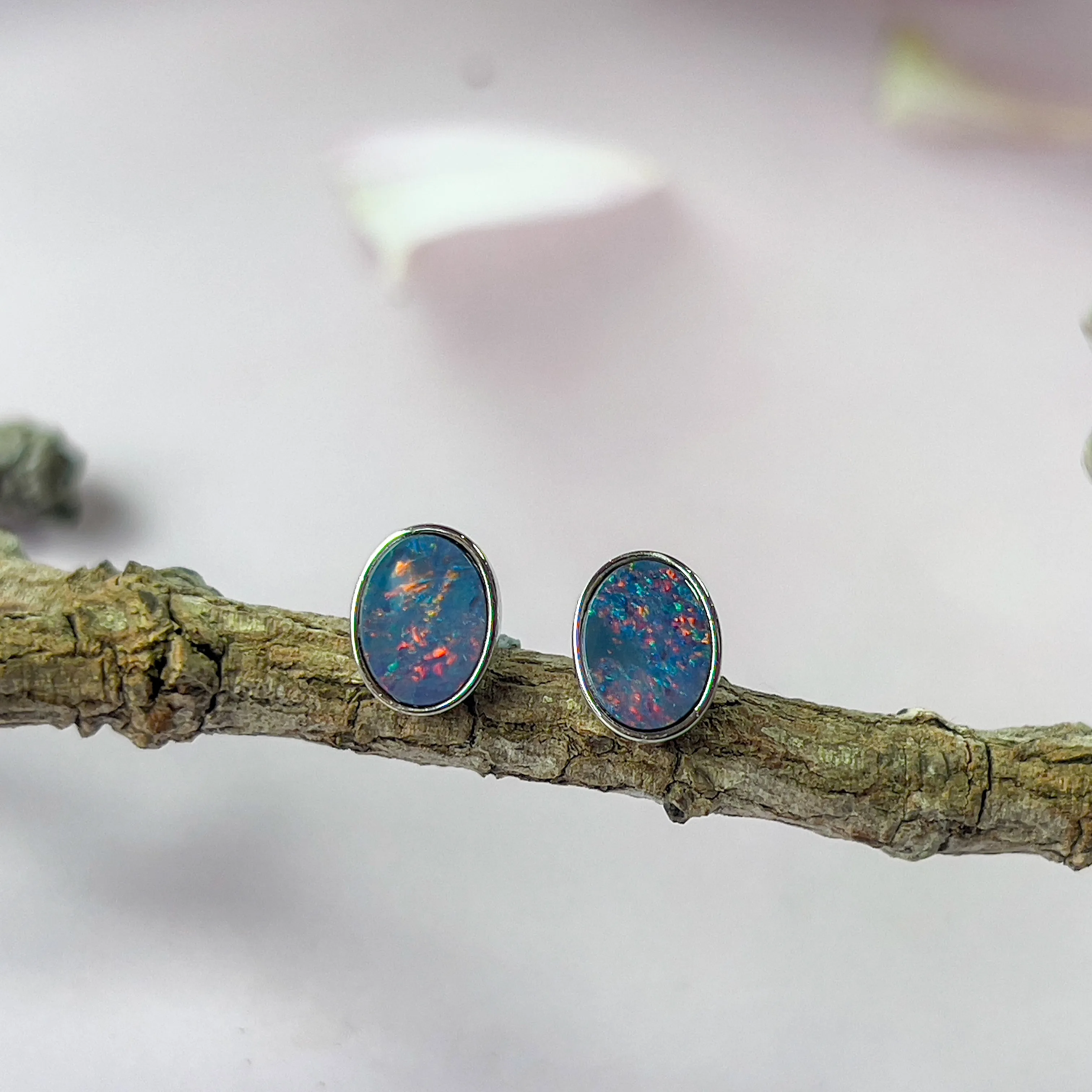 Sterling Silver Opal Doublet Stud Earrings - 8x6mm Oval, Dainty and Minimalist Opal Jewelry, Cute Gift for Her, Handmade Birthstone Studs