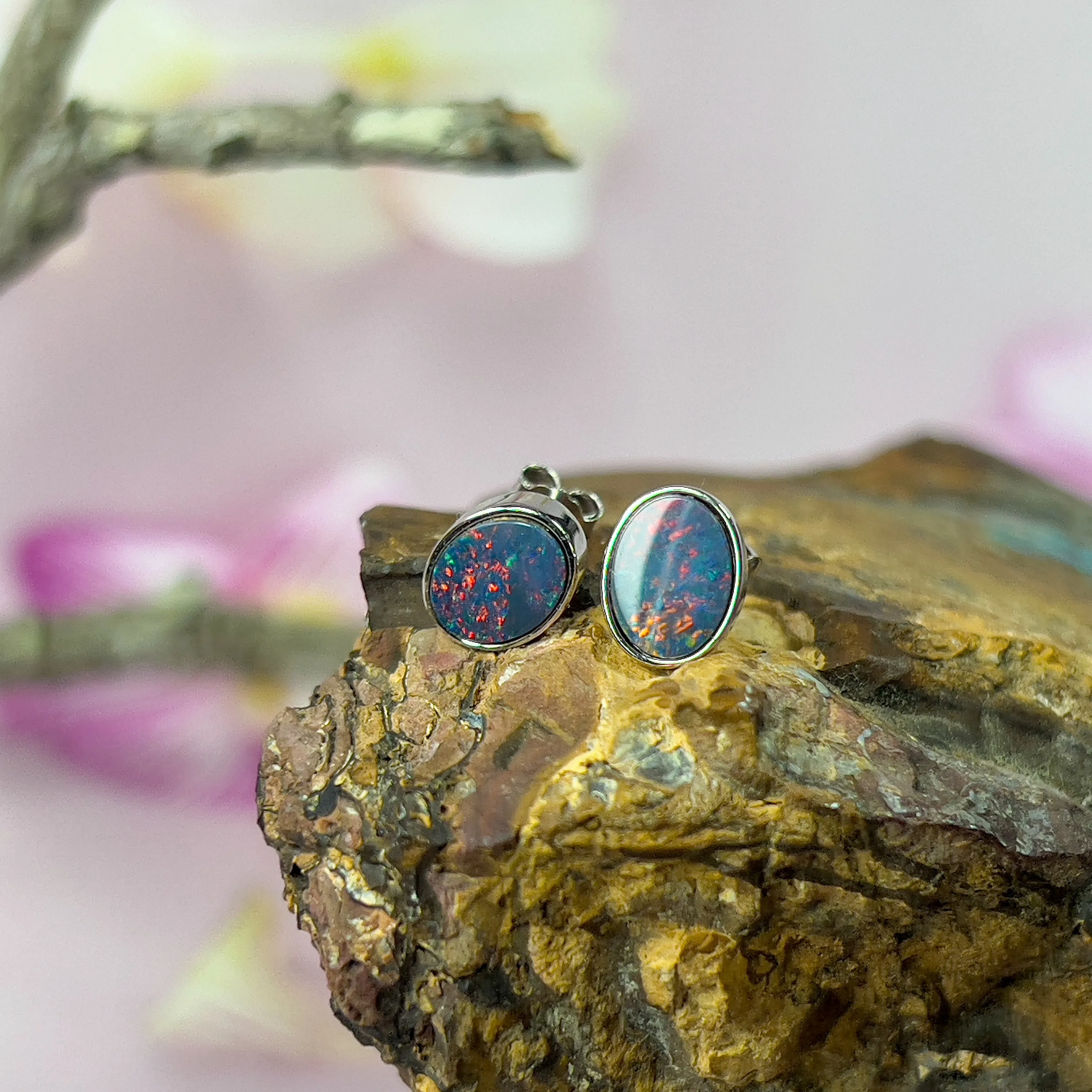 Sterling Silver Opal Doublet Stud Earrings - 8x6mm Oval, Dainty and Minimalist Opal Jewelry, Cute Gift for Her, Handmade Birthstone Studs