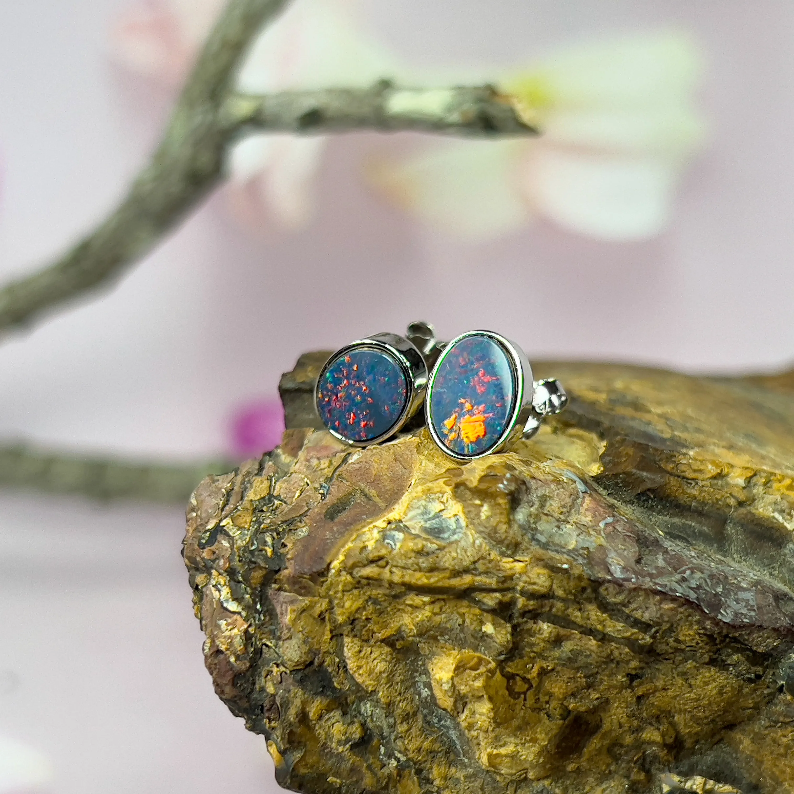 Sterling Silver Opal Doublet Stud Earrings - 8x6mm Oval, Dainty and Minimalist Opal Jewelry, Cute Gift for Her, Handmade Birthstone Studs
