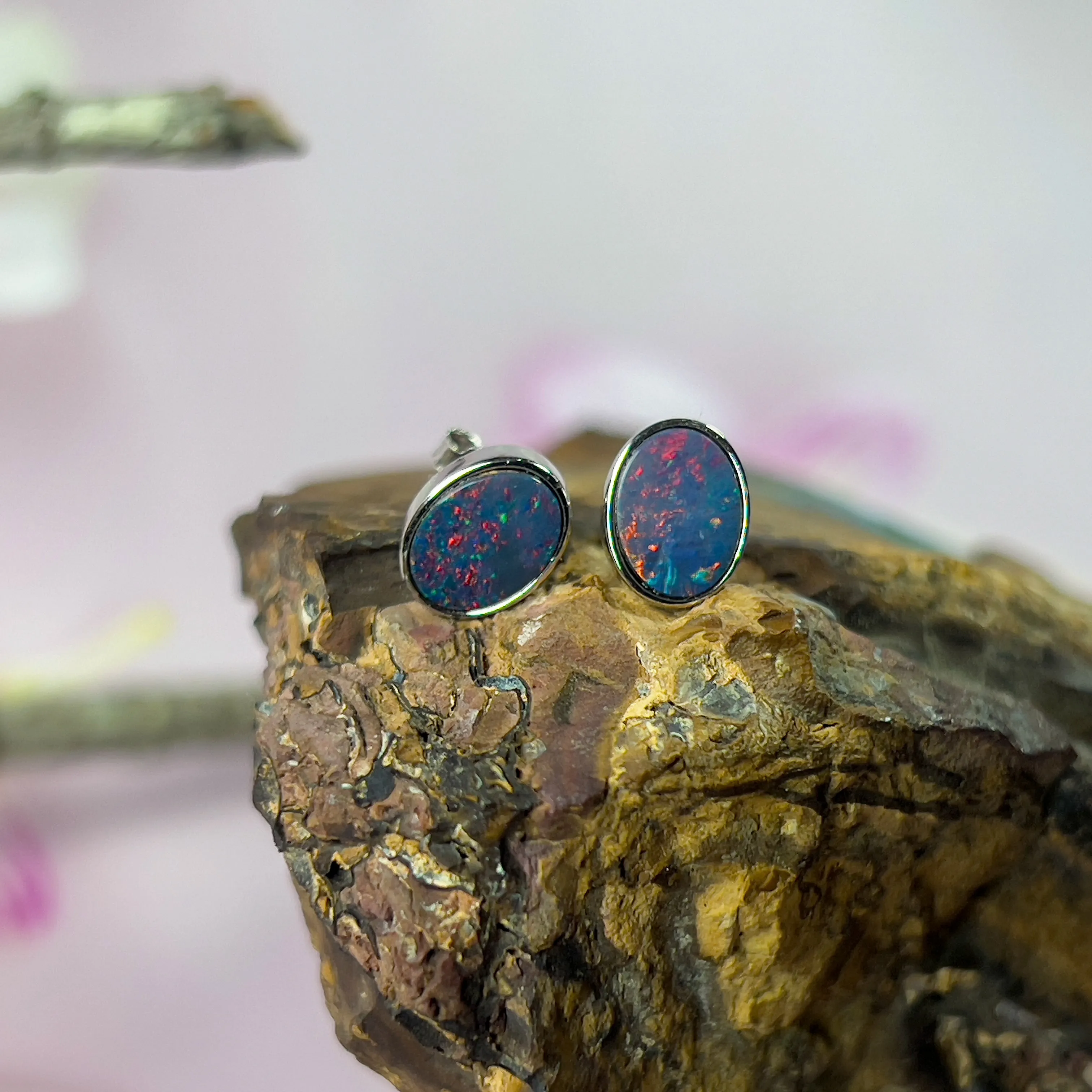 Sterling Silver Opal Doublet Stud Earrings - 8x6mm Oval, Dainty and Minimalist Opal Jewelry, Cute Gift for Her, Handmade Birthstone Studs