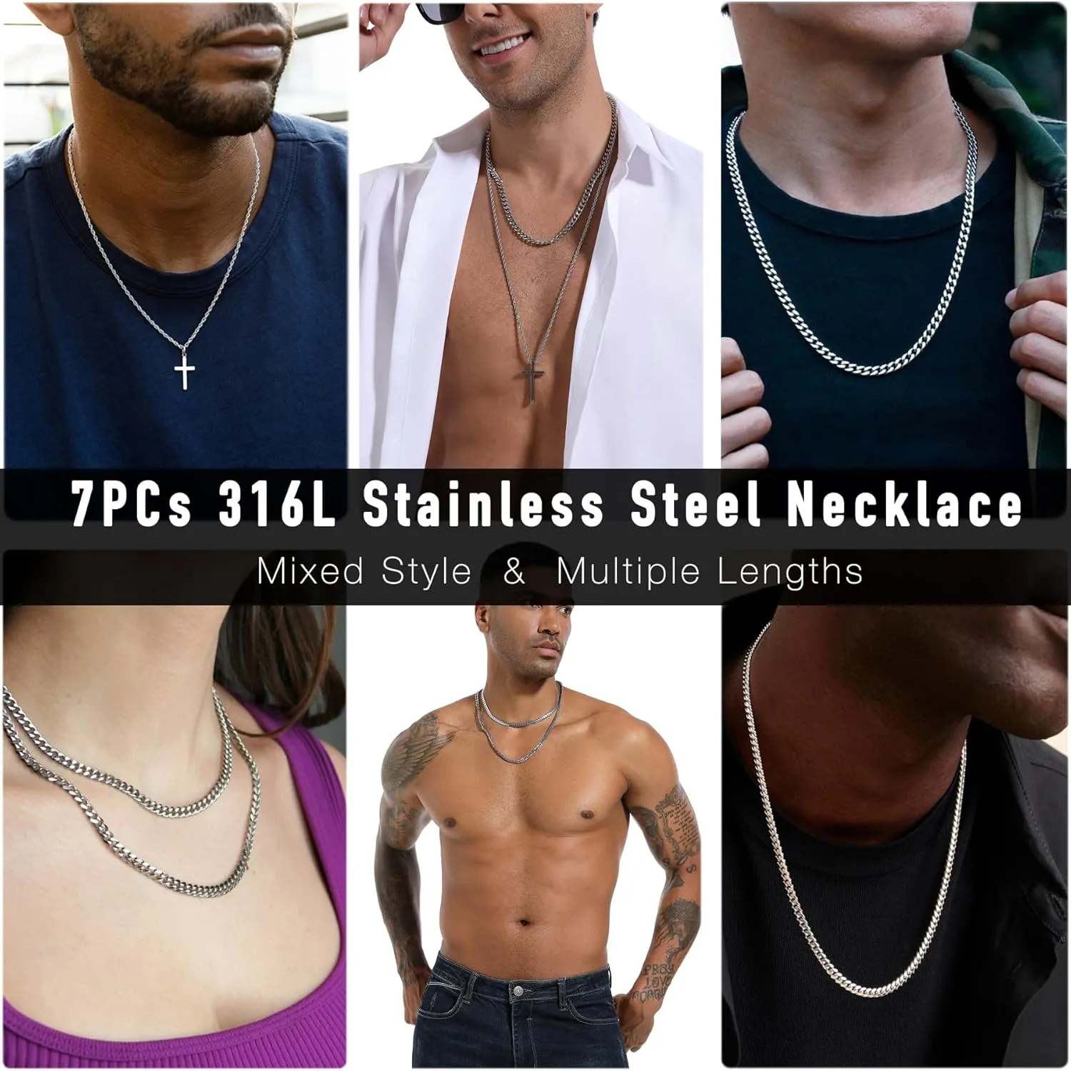 stino 7/8PCs Stainless Steel Chain Necklace Set for Men Women, Silver Tone Necklace Chains Bulk, Figaro Chain, Snake Chain, Cuban Link Chain, Rope Chain.