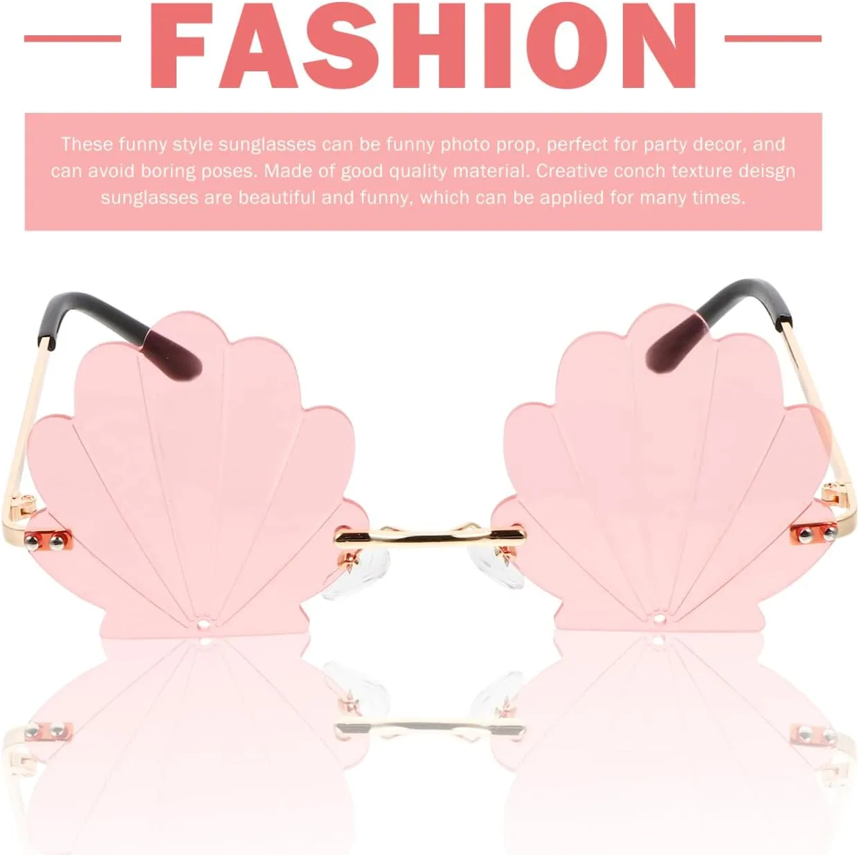 STOBOK Rimless Seashell Shape Sunglasses, Metal and Pc Frame, Party Eyewear for Weddings, Photo Props, and Outdoor Activities, Pink