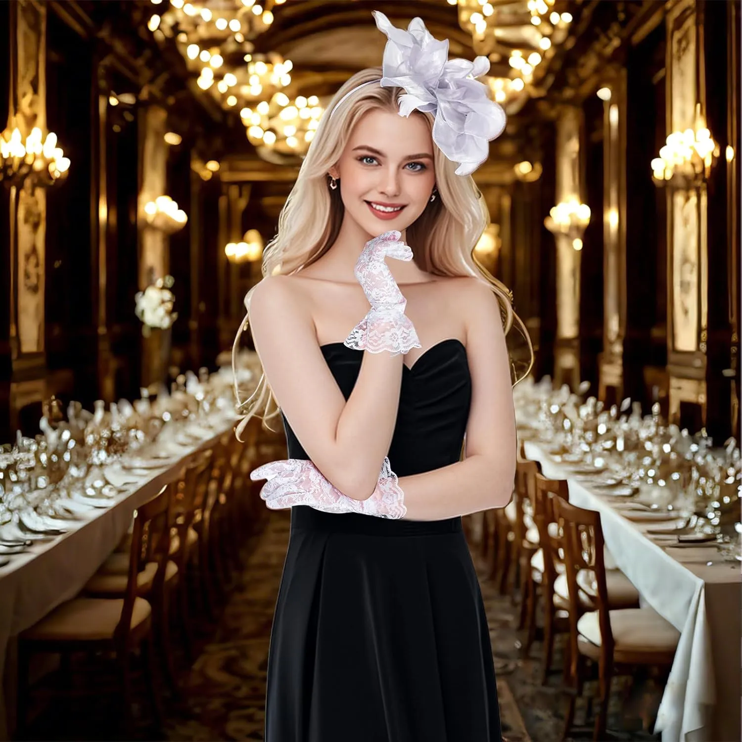 Sucrain 2 Pcs Fascinators Hat for Women Headband Tea Party with Lace Glove