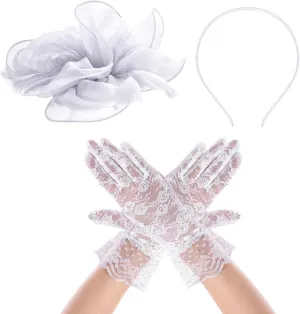 Sucrain 2 Pcs Fascinators Hat for Women Headband Tea Party with Lace Glove