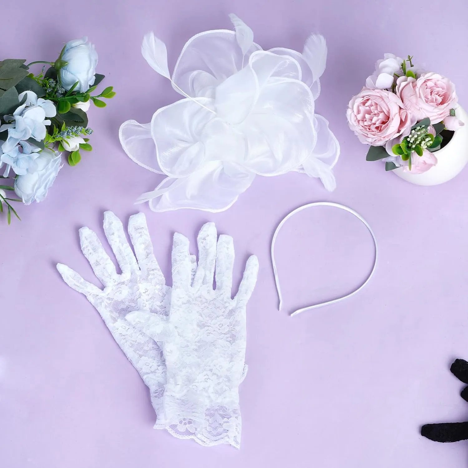 Sucrain 2 Pcs Fascinators Hat for Women Headband Tea Party with Lace Glove
