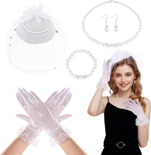 Sucrain 5 Pack Fascinators for Women Tea Party, Fascinator Hat Lace Gloves Pearl Jewelry Set for Women 1920s Party