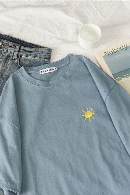 Summer Korean Embroidered T-Shirt – Short Sleeve Loose Fit Harajuku Casual Tee for Women, Cute Student Streetwear