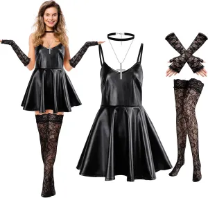 Sureio 5 Pcs Cosplay Costume Faux Leather Women Goth Dress with Stockings Gloves Cross Necklace Black Choker Halloween Outfit
