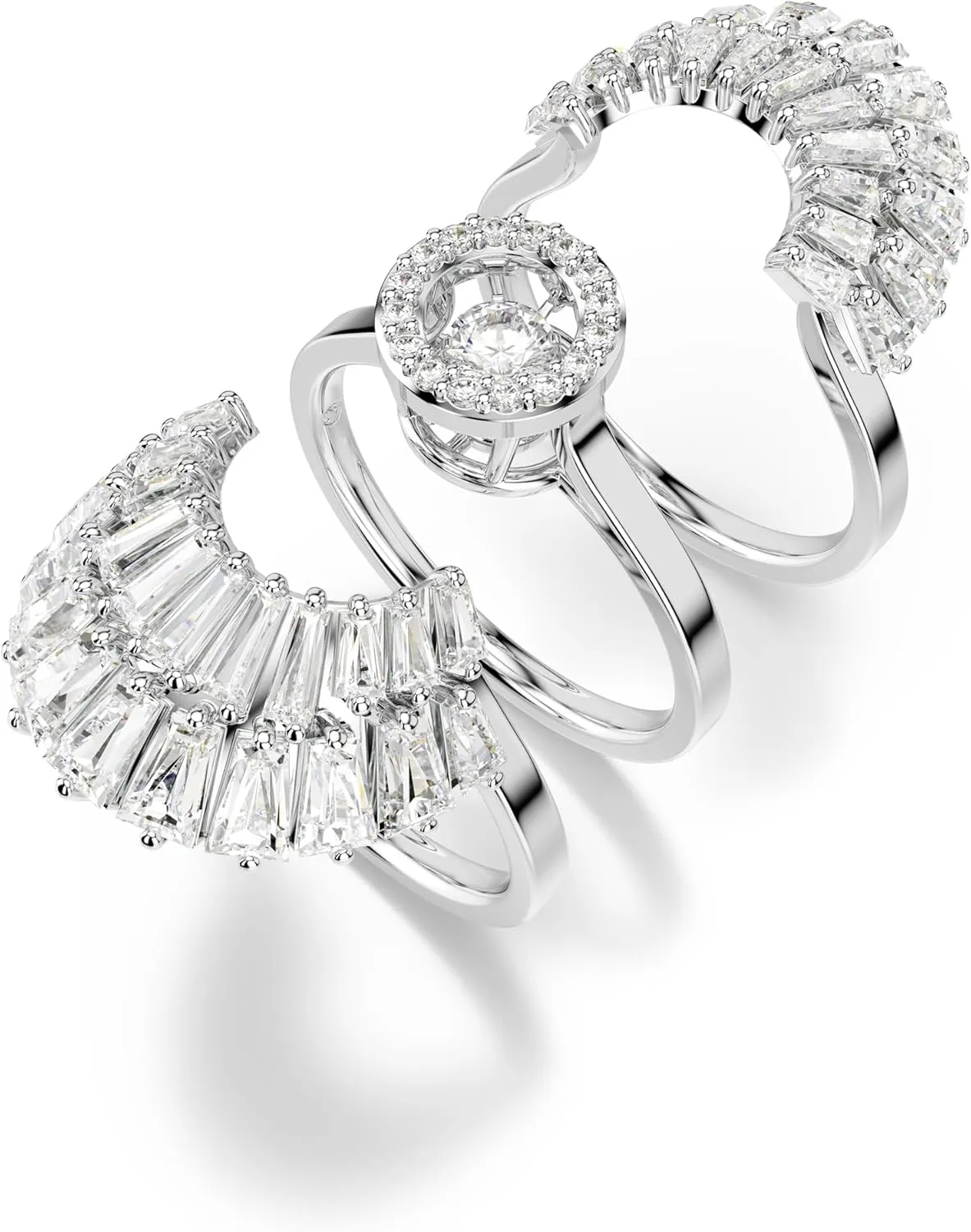 Swarovski Idyllia 3-Piece Ring Set, Mixed Cut Crystals, Shell Motif, Rhdoium Finished Metal