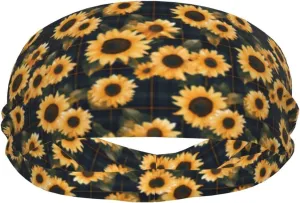 Sweat Bands Headbands for Women Men - Moisture Wicking Sport Headbands for Men, Elastic Scottish Blue Plaid Sunflower Workout Headbands for Women for Running Cycling Basketball Yoga