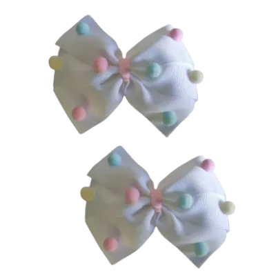 Sweetheart Hair Bow - White with Pastel Mixed Pom Poms