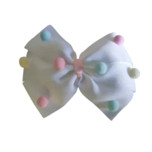 Sweetheart Hair Bow - White with Pastel Mixed Pom Poms