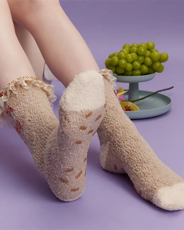 Sweetnana 3-Pack Women’s Cozy Crew Socks – Fuzzy, Super Soft, Non-Slip Slipper Socks with Lolita Style, Perfect for Winter Lounge Wear
