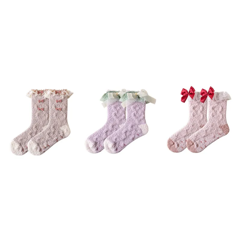 Sweetnana 3-Pack Women’s Cozy Crew Socks – Fuzzy, Super Soft, Non-Slip Slipper Socks with Lolita Style, Perfect for Winter Lounge Wear