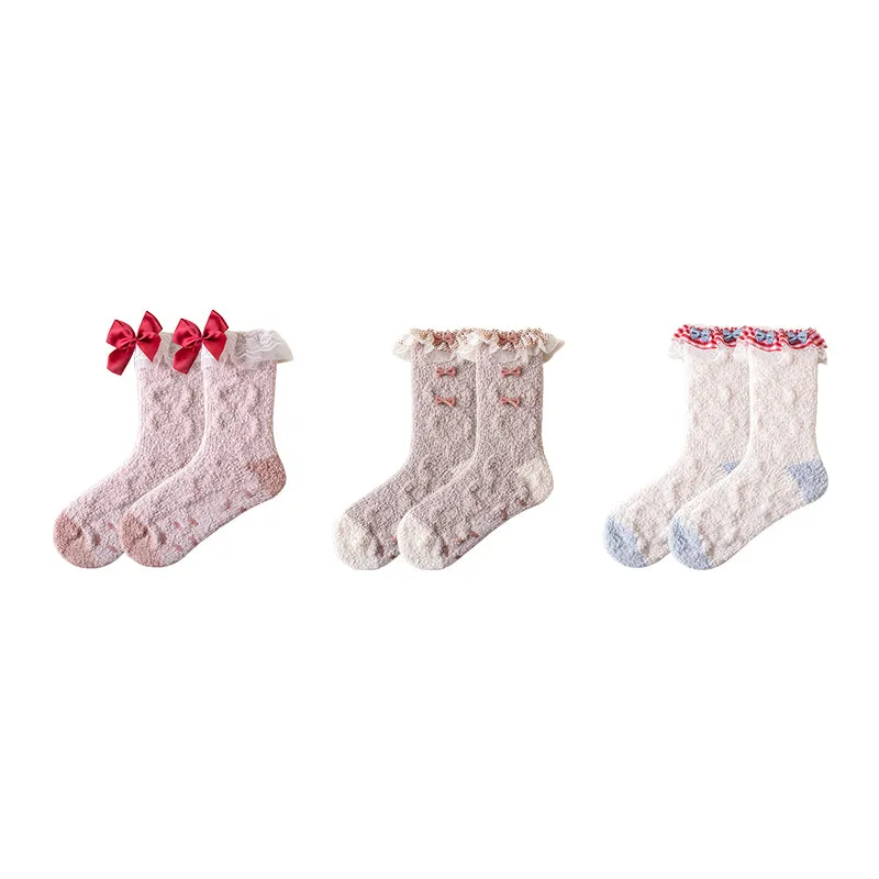 Sweetnana 3-Pack Women’s Cozy Crew Socks – Fuzzy, Super Soft, Non-Slip Slipper Socks with Lolita Style, Perfect for Winter Lounge Wear