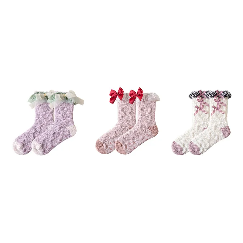 Sweetnana 3-Pack Women’s Cozy Crew Socks – Fuzzy, Super Soft, Non-Slip Slipper Socks with Lolita Style, Perfect for Winter Lounge Wear