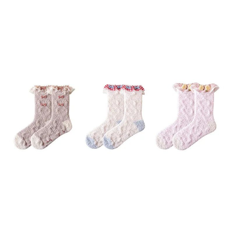 Sweetnana 3-Pack Women’s Cozy Crew Socks – Fuzzy, Super Soft, Non-Slip Slipper Socks with Lolita Style, Perfect for Winter Lounge Wear
