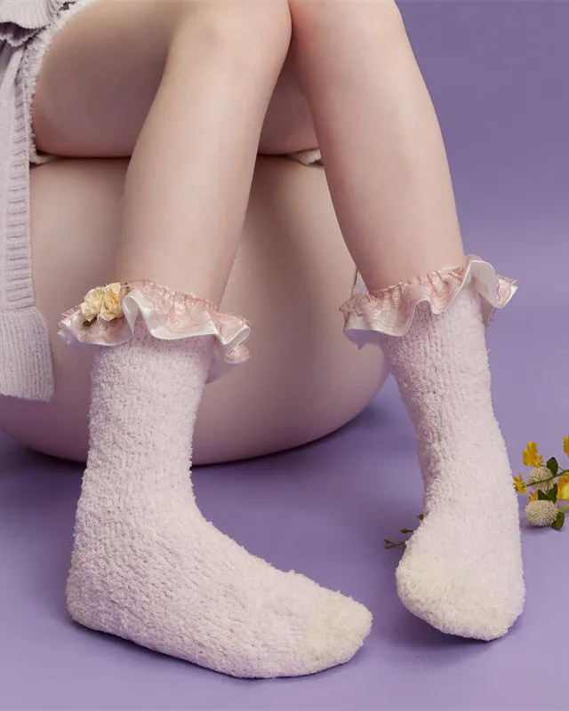 Sweetnana 3-Pack Women’s Cozy Crew Socks – Fuzzy, Super Soft, Non-Slip Slipper Socks with Lolita Style, Perfect for Winter Lounge Wear