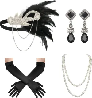 SWEETV 1920s Flapper Accessories Set for Women, Roaring 20s Great Gatsby Headband Flapper Costume Accessories