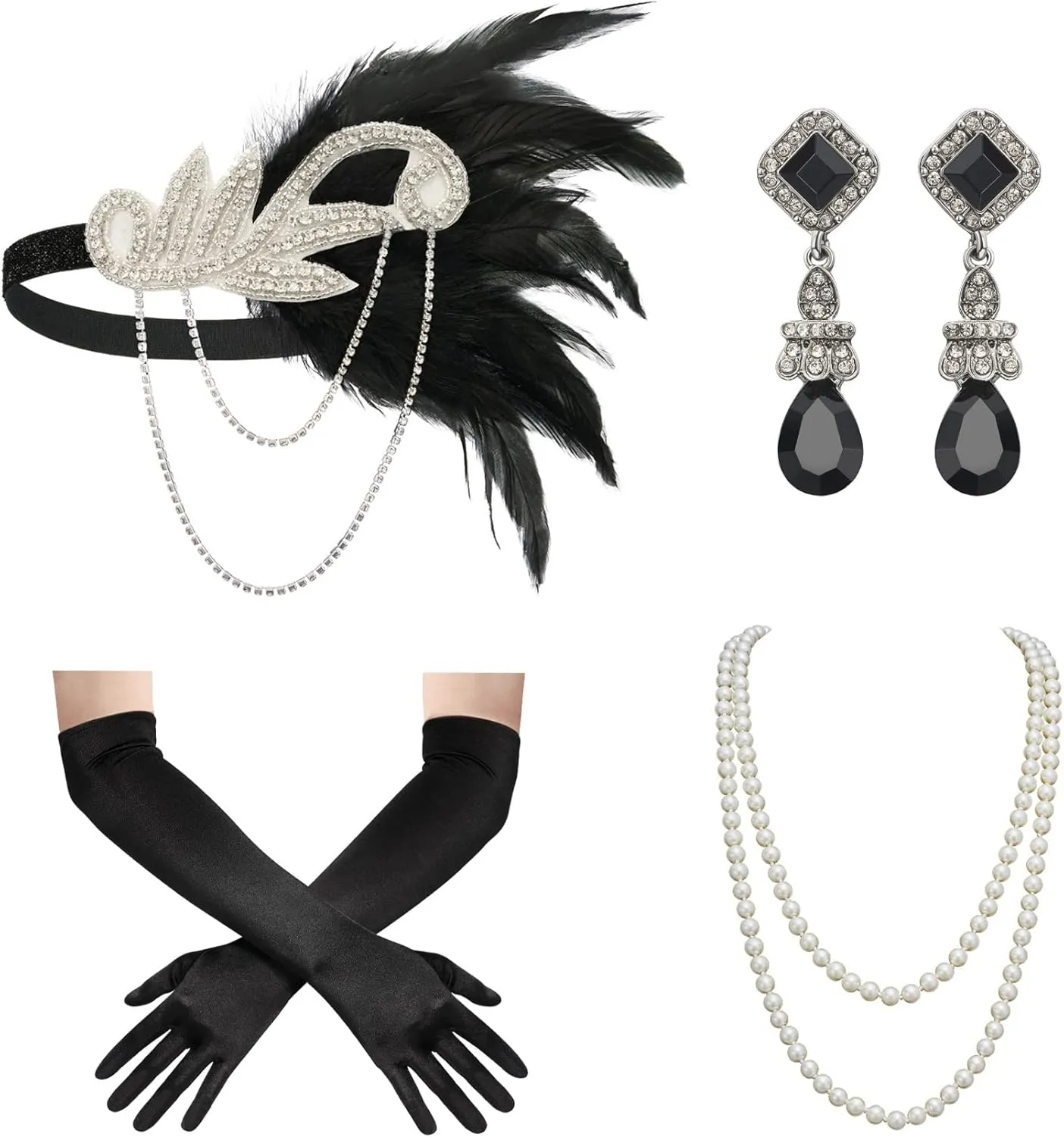 SWEETV 1920s Flapper Accessories Set for Women, Roaring 20s Great Gatsby Headband Flapper Costume Accessories