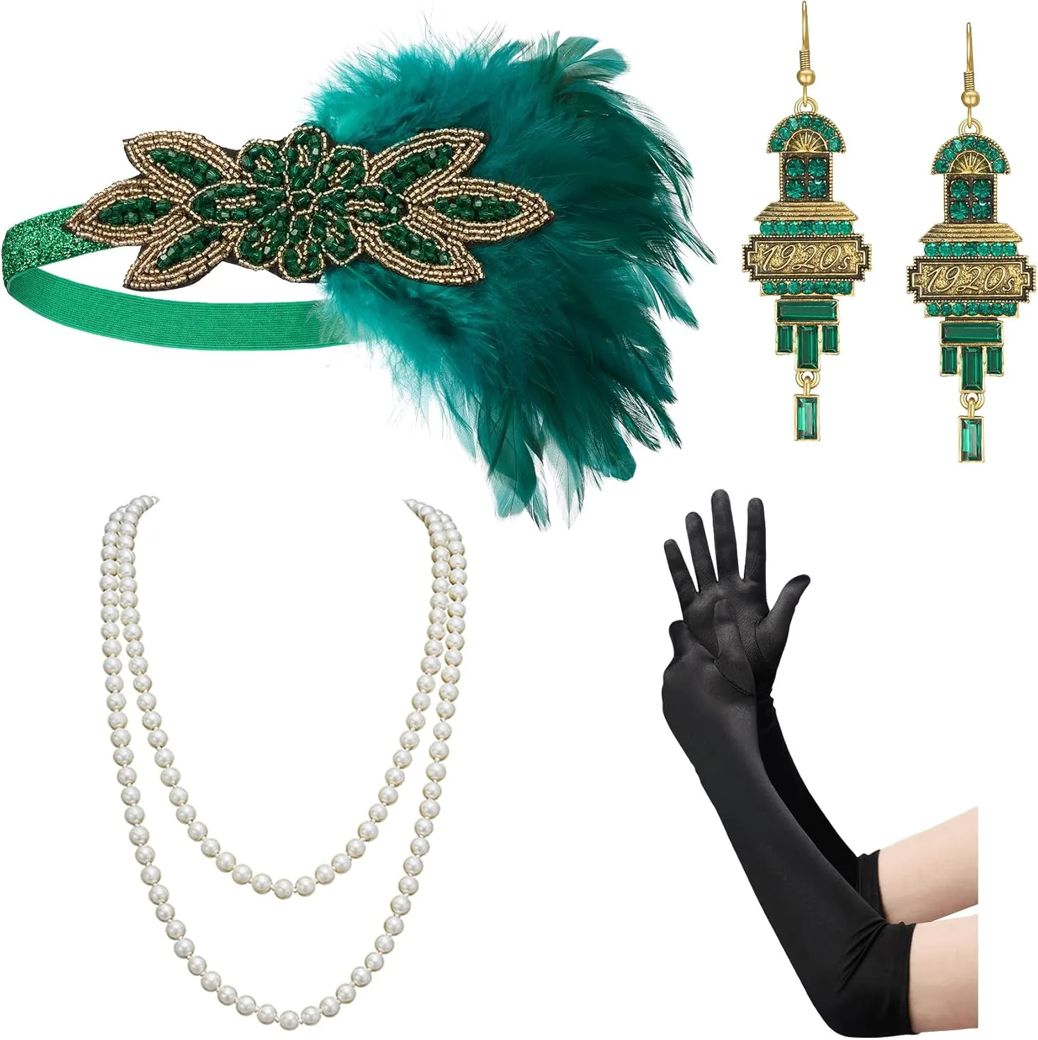 SWEETV 1920s Great Gatsby Accessories Set for Women, Flapper Headband Headpiece Roaring 20s Costume Accessories Set