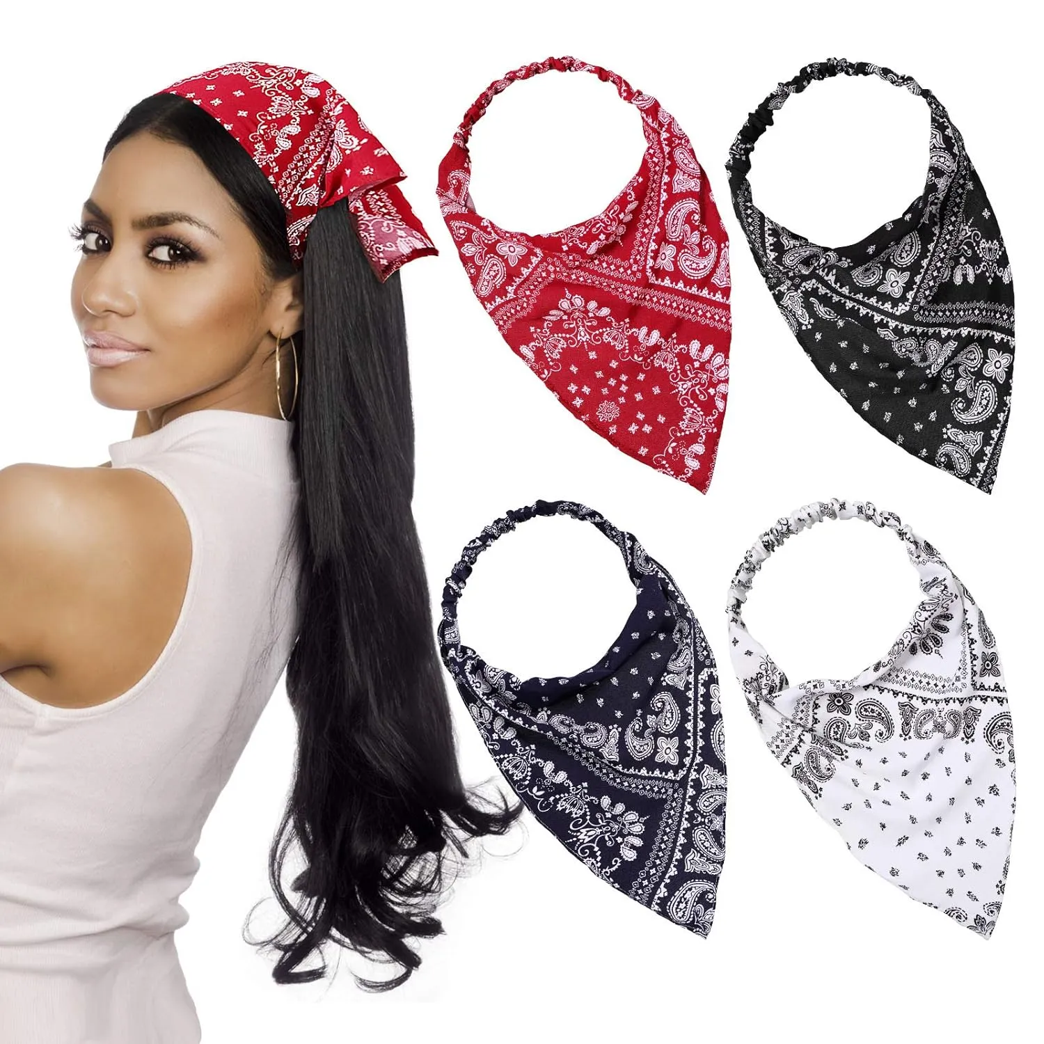 Syhood 4 Pieces Elastic Hair Scarf Headband Print Vintage Turban Cotton Headwrap Triangle Kerchief Head Scarf Hair Bandanas for Women Girls